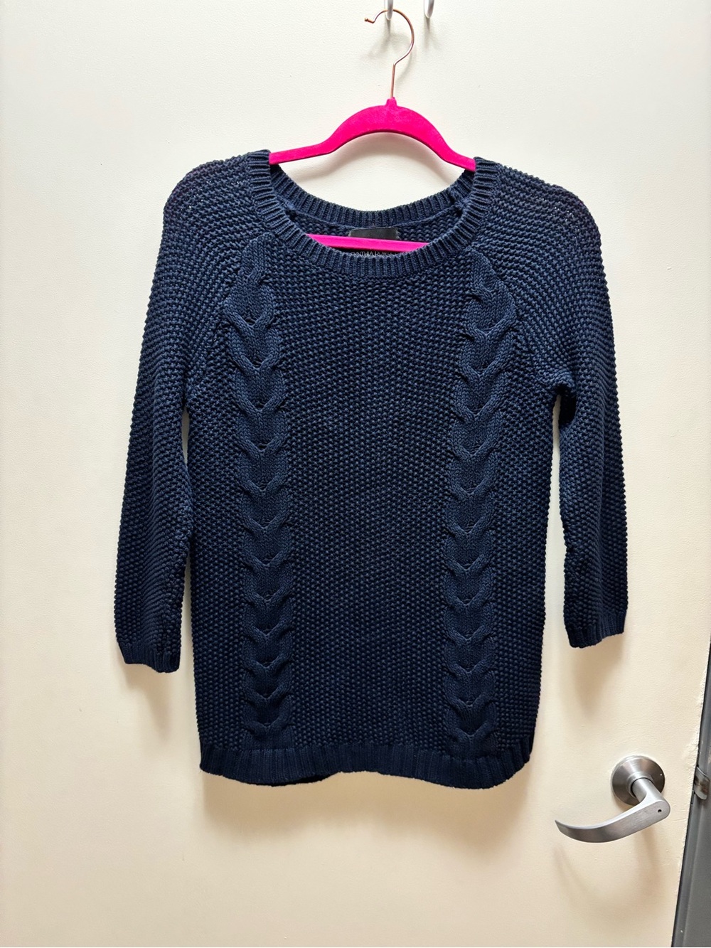 Cynthia Rowley Navy Textured Cable-Front Crewneck Sweater